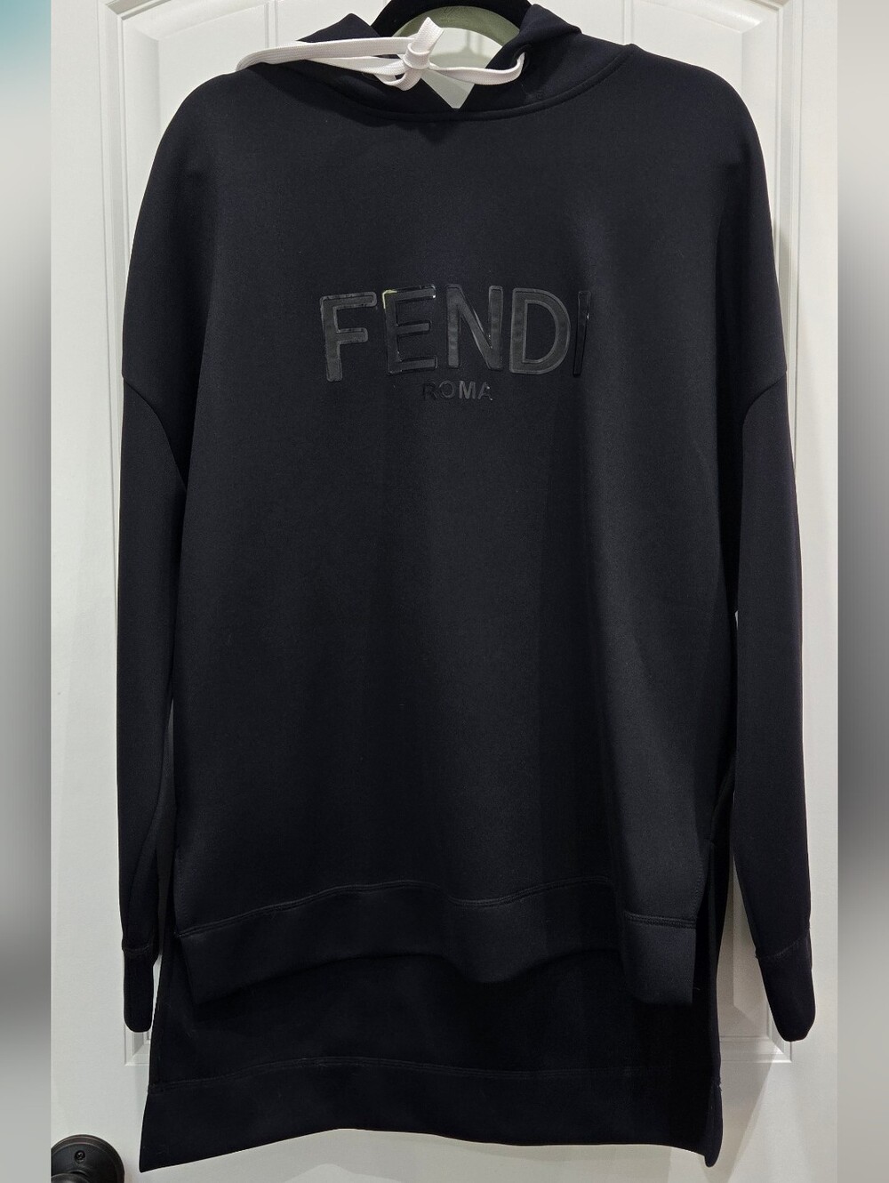 Fendi Black Roma Logo Hoodie with White Drawstrings